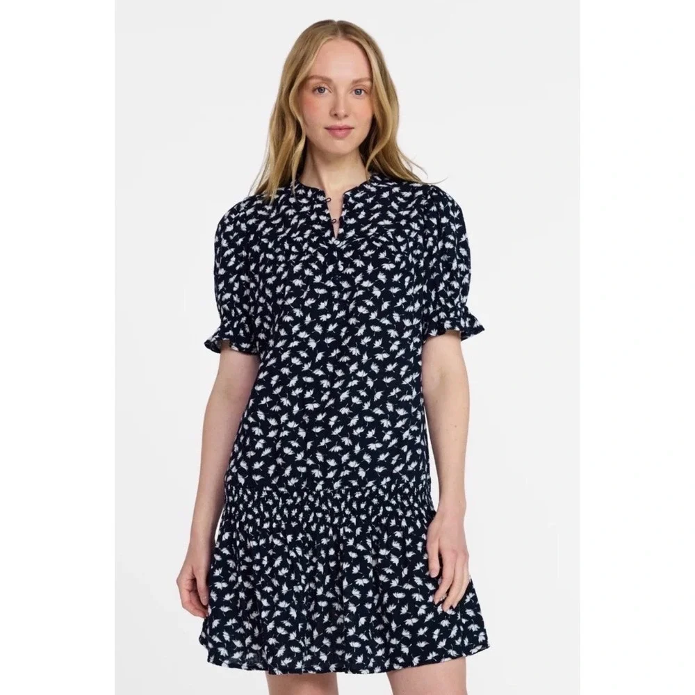 Time and Tru Navy Floral Smocked Drop Waist Cotton Mini Dress L 12-14
